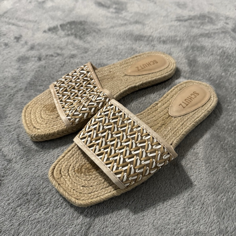 Revolve Schutz Sandals Women Sz 8.5B Slip On Flats Leather Woven Raffia Zaila